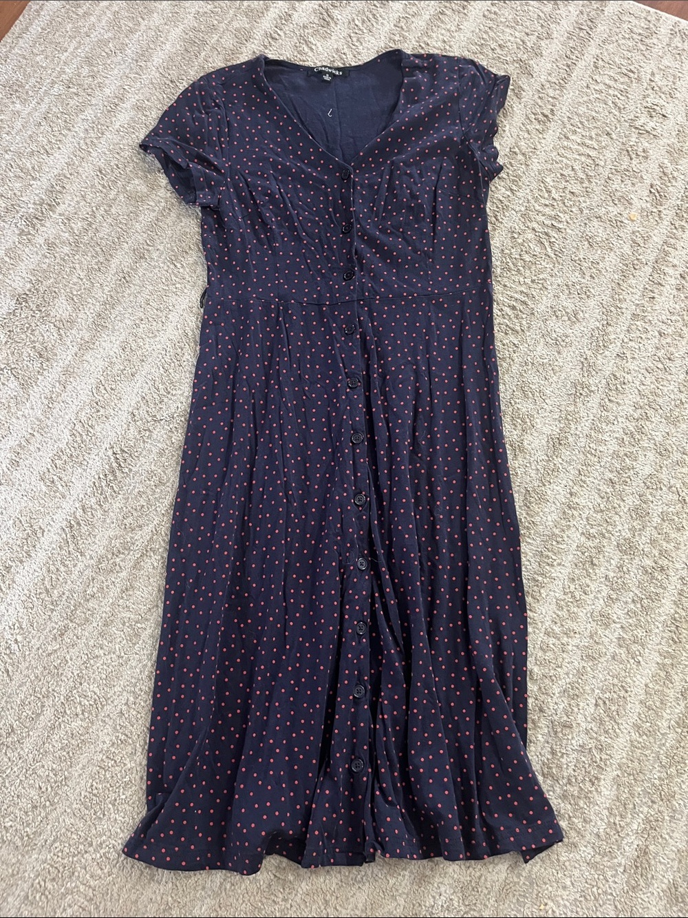 Chadwick’s Classic Navy Midi Dress with Red Polka Dots Button-Front Dress 10